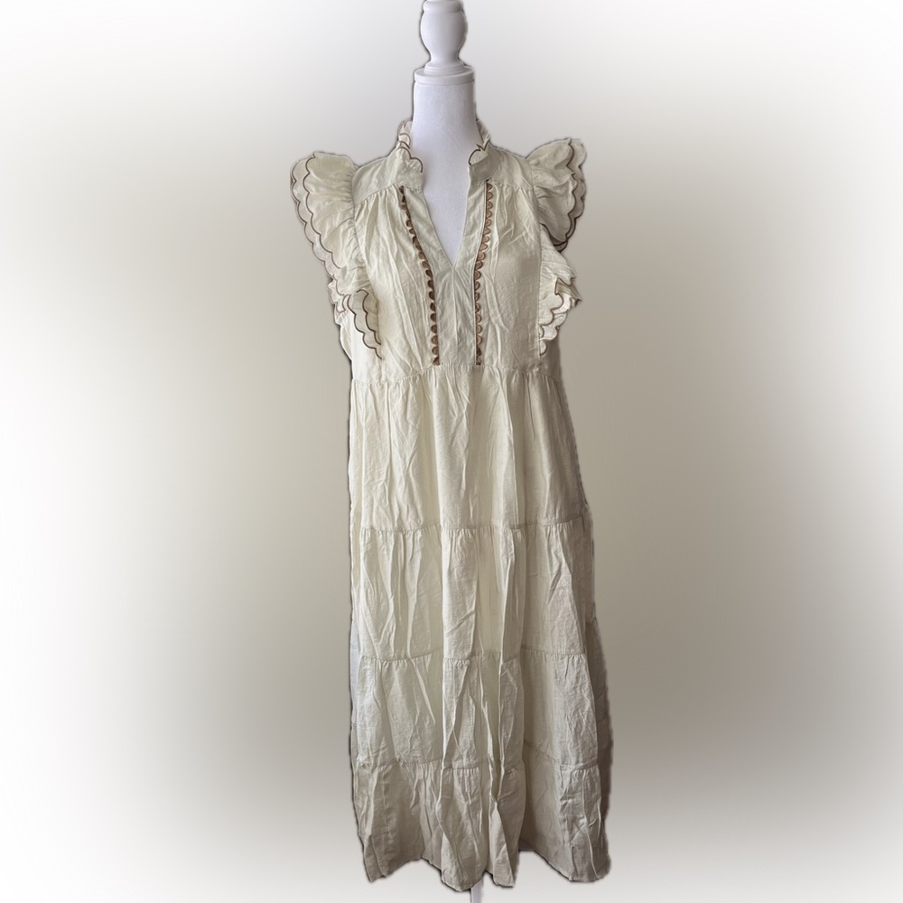 Umgee Tiered Midi Dress with Ruffled Sleeves in Ivory Small NWT
